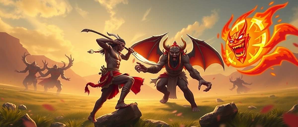 Cumin Rise Victor Gameplay Screenshot Cumin Rise Victor gameplay showing a player controlling a mythological warrior using traditional Indian weapons against demonic creatures
